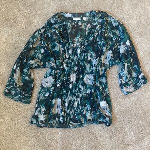 new york and company watercolor print blouse dress blouse teal, white XL